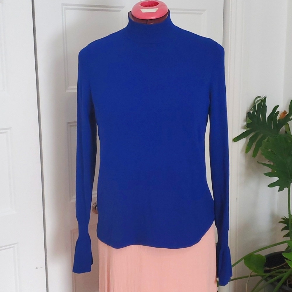 H&M Bright Blue Mock Neck Knit Top – Ruffle Cuffs